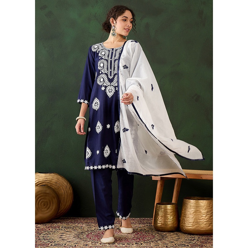 3 Pc Blue Readymade Rayon Suit Set - JD986610926