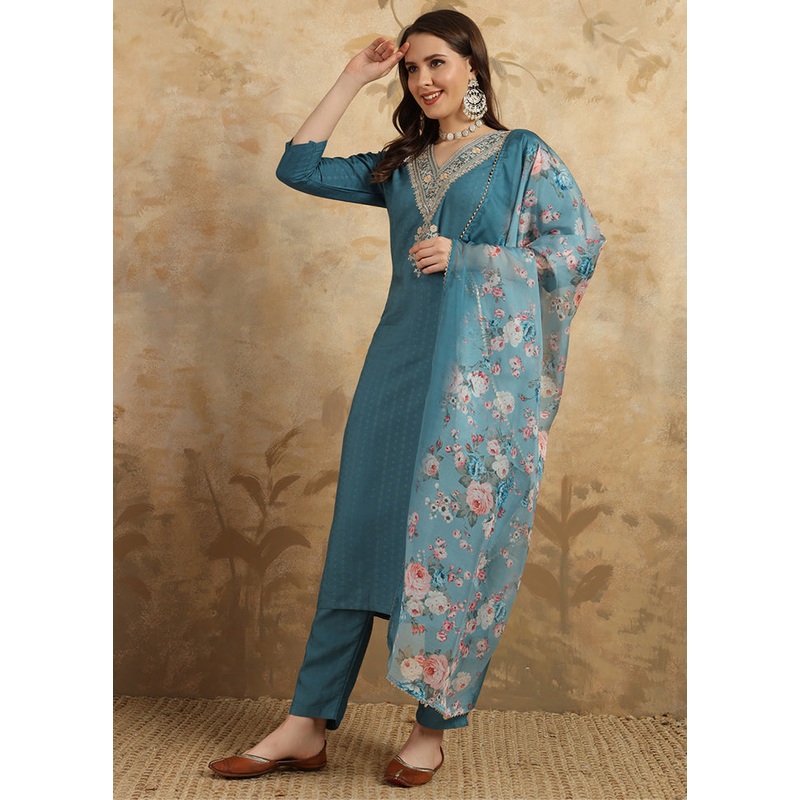 3 Pc Blue Readymade Viscose Suit Set - JD986611010