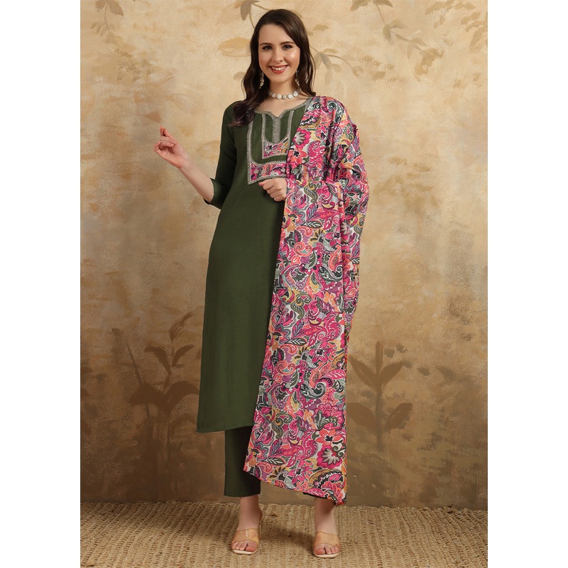 3 Pc Green Readymade Chanderi Suit Set - JD986611009