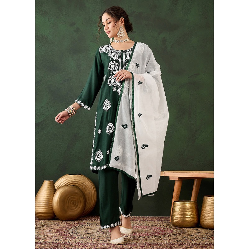 3 Pc Green Readymade Rayon Suit Set - JD986610924