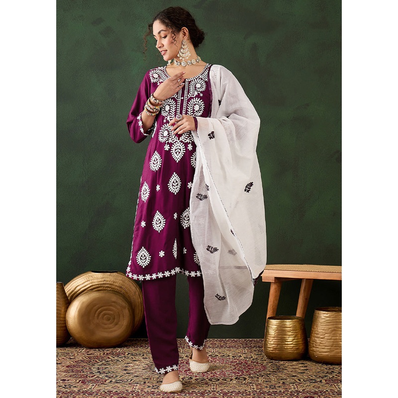 3 Pc Magenta Readymade Rayon Suit Set - JD986610921