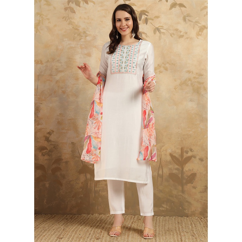3 Pc White Readymade Chanderi Suit Set - JD986610997