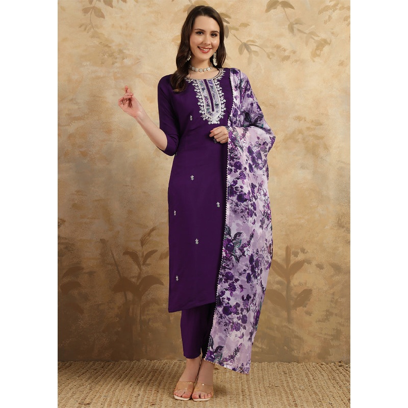 3 Pc Wine Readymade Chanderi Suit Set - JD986610995