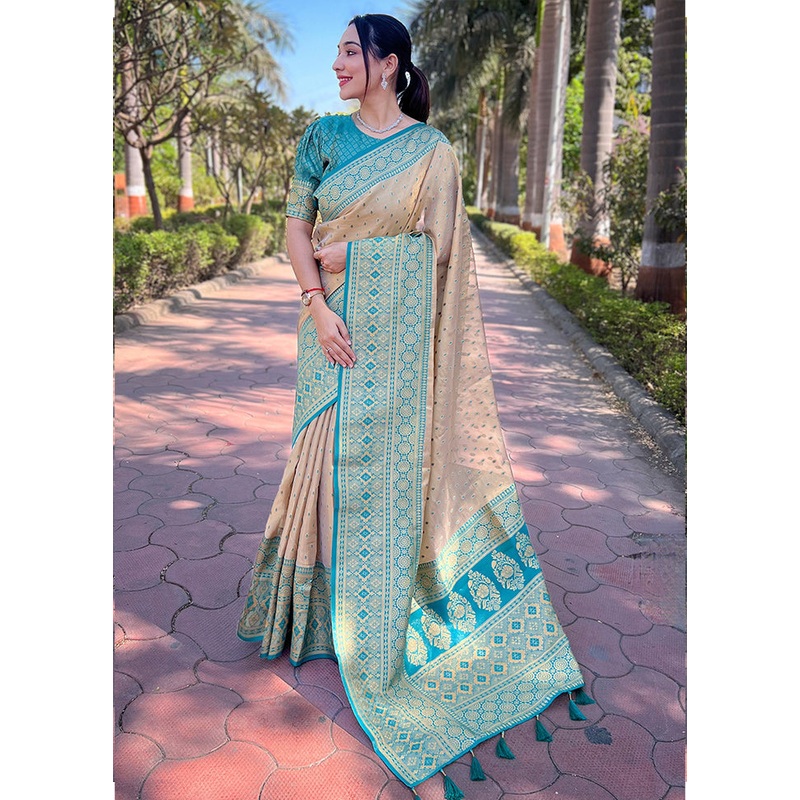 Beige Dupion Silk Saree With Blouse Piece - JD986610984