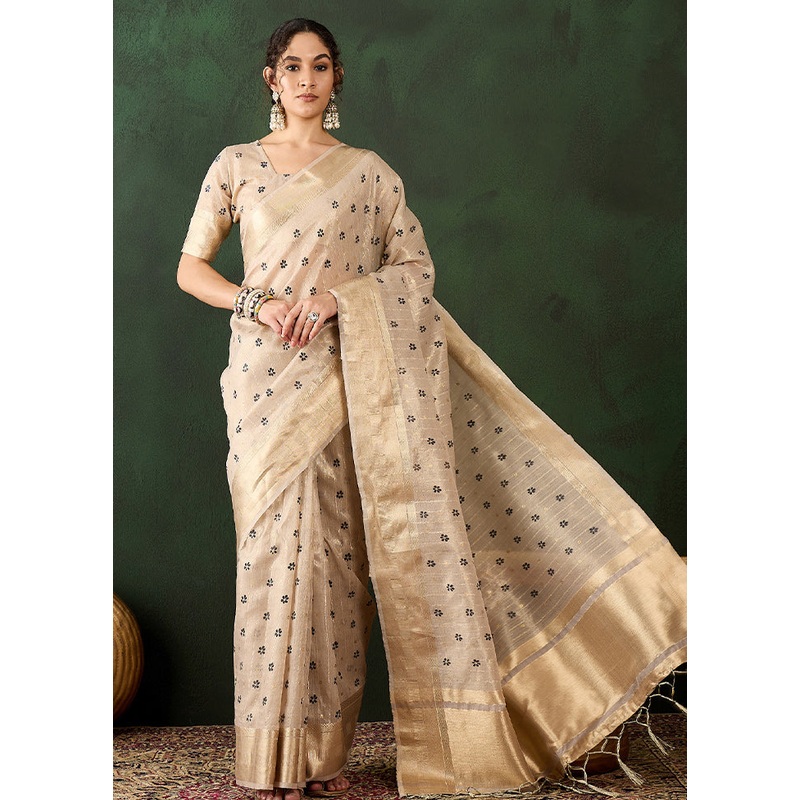 Beige Organza Saree With Blouse Piece - JD986610983