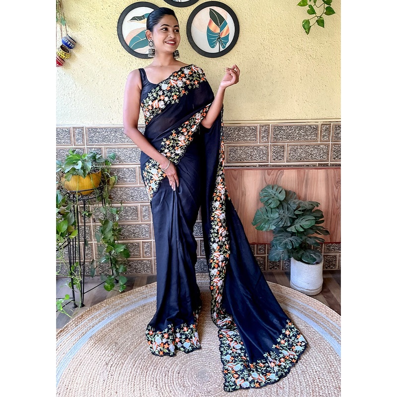 Black Dupion Silk Saree With Blouse Piece - JD986611046