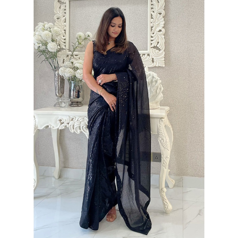 Black Georgette Saree With Blouse Piece - JD986610981