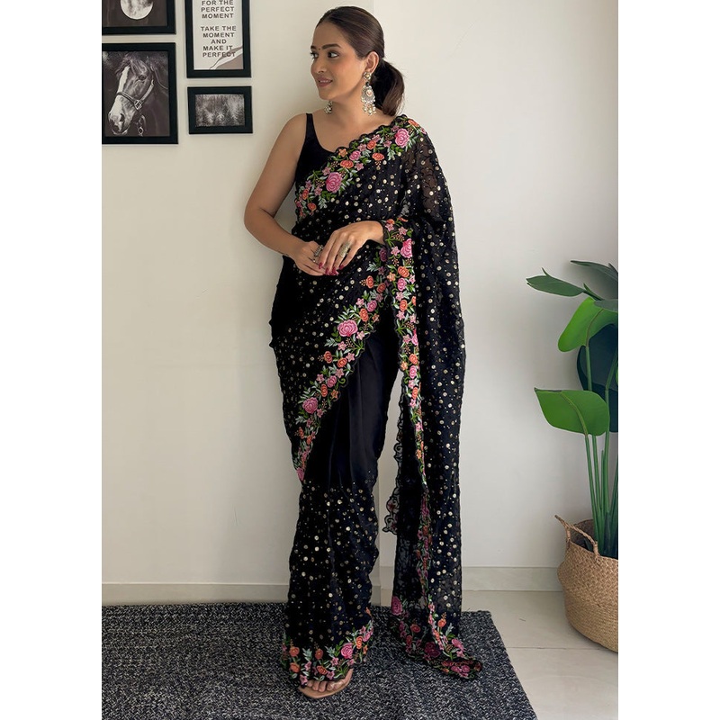 Black Georgette Saree With Blouse Piece - JD986611044