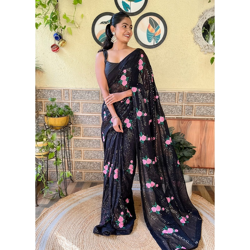 Black Georgette Saree With Blouse Piece - JD986611045