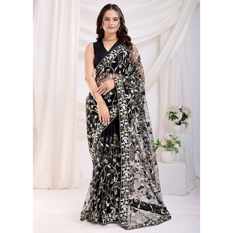 Black Net Saree With Blouse Piece - JD986610891