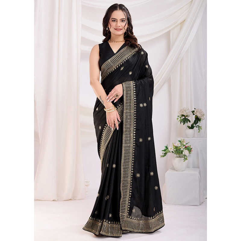 Black Spun Silk Saree With Blouse Piece - JD986610890