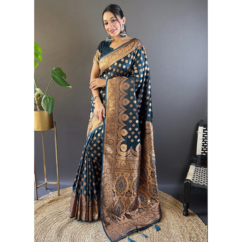 Blue Banarasi Silk Saree With Blouse Piece - JD986610980