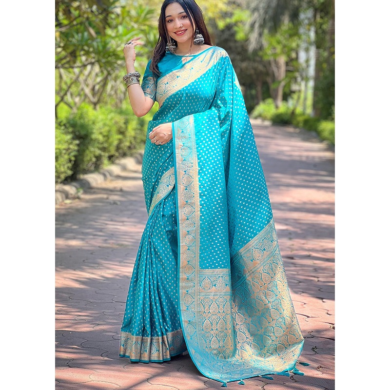 Blue Banarasi Silk Saree With Blouse Piece - JD986611043