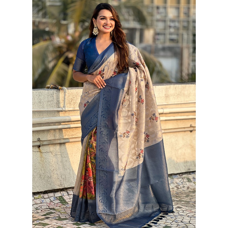 Blue Cotton Saree With Blouse Piece - JD986610889