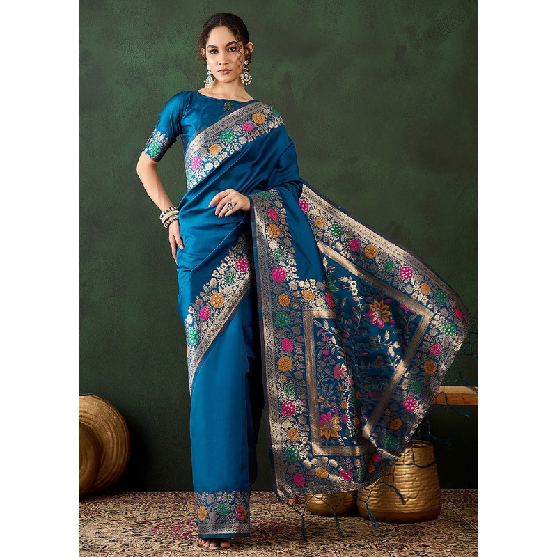 Blue Dupion Silk Saree With Blouse Piece - JD986610977