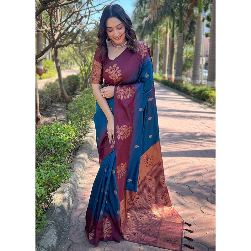 Blue Dupion Silk Saree With Blouse Piece - JD986610978
