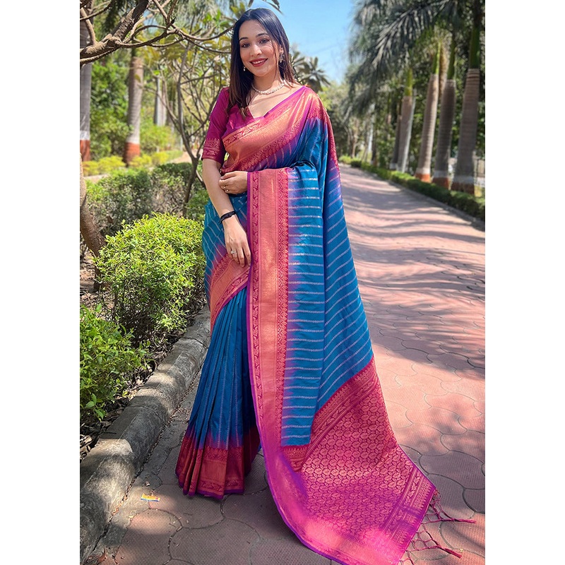 Blue Dupion Silk Saree With Blouse Piece - JD986610979
