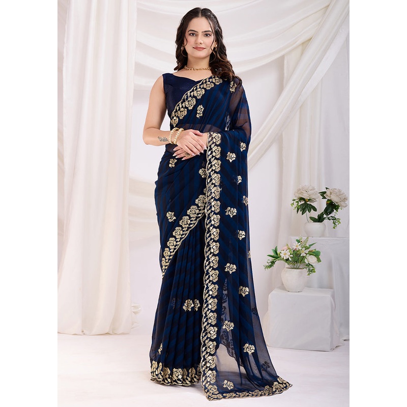 Blue Georgette Saree With Blouse Piece - JD986610888