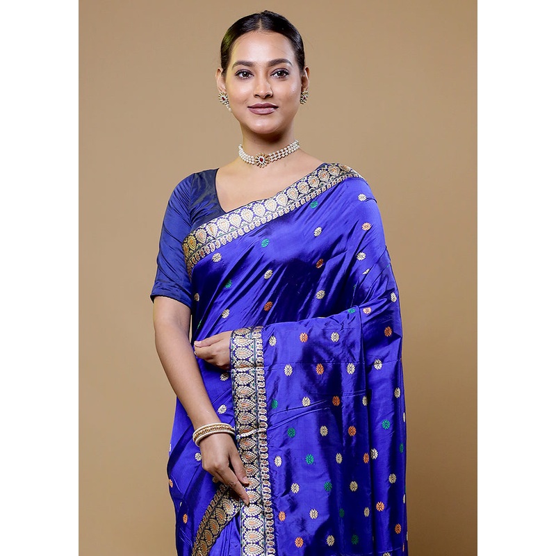 Blue Handloom Assam Pure Silk Saree With Blouse Piece - JD986611075