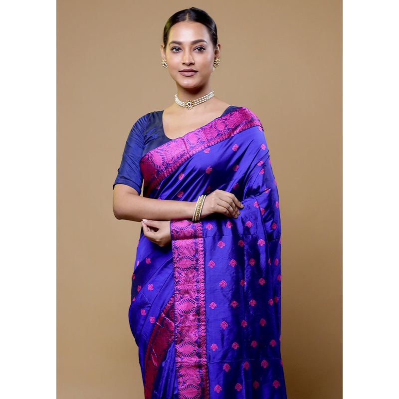 Blue Handloom Assam Pure Silk Saree With Blouse Piece - JD986611076