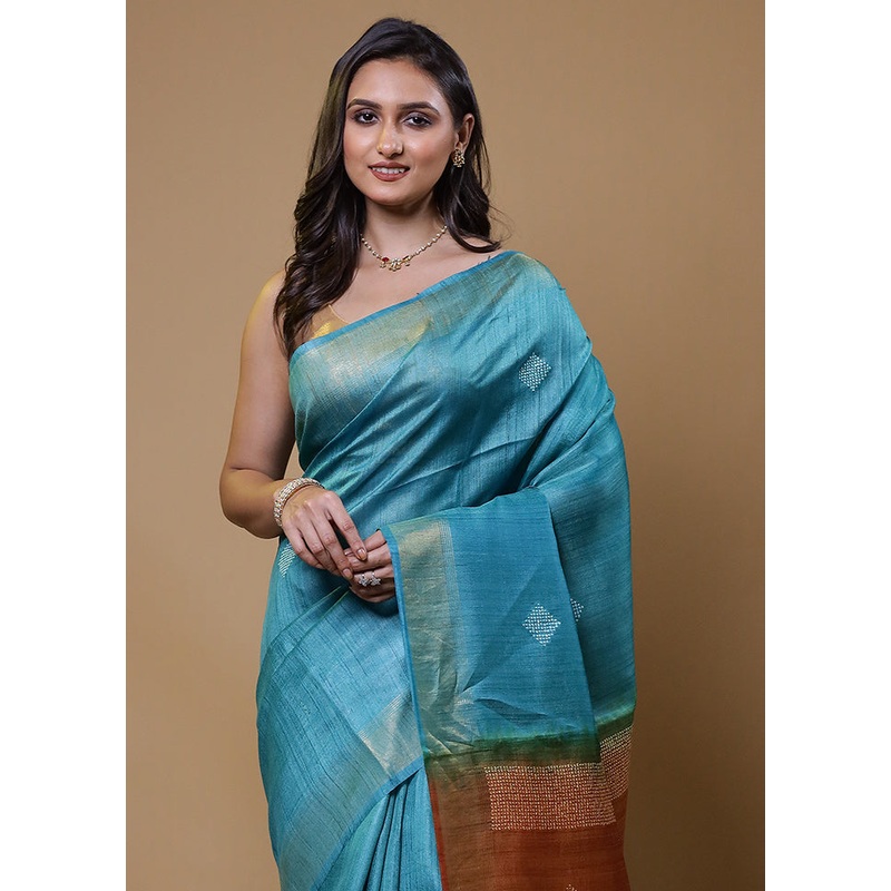 Blue Handloom Tussar Pure Silk Saree With Blouse Piece - JD986611074