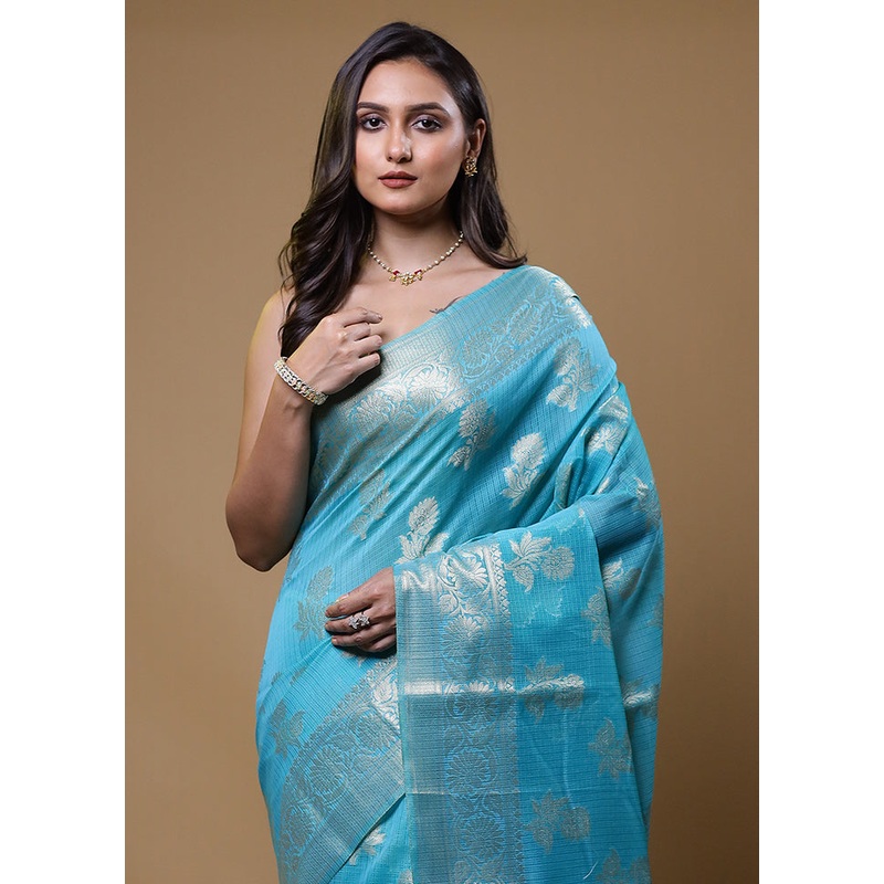 Blue Kota Cotton Saree With Blouse Piece - JD986611073