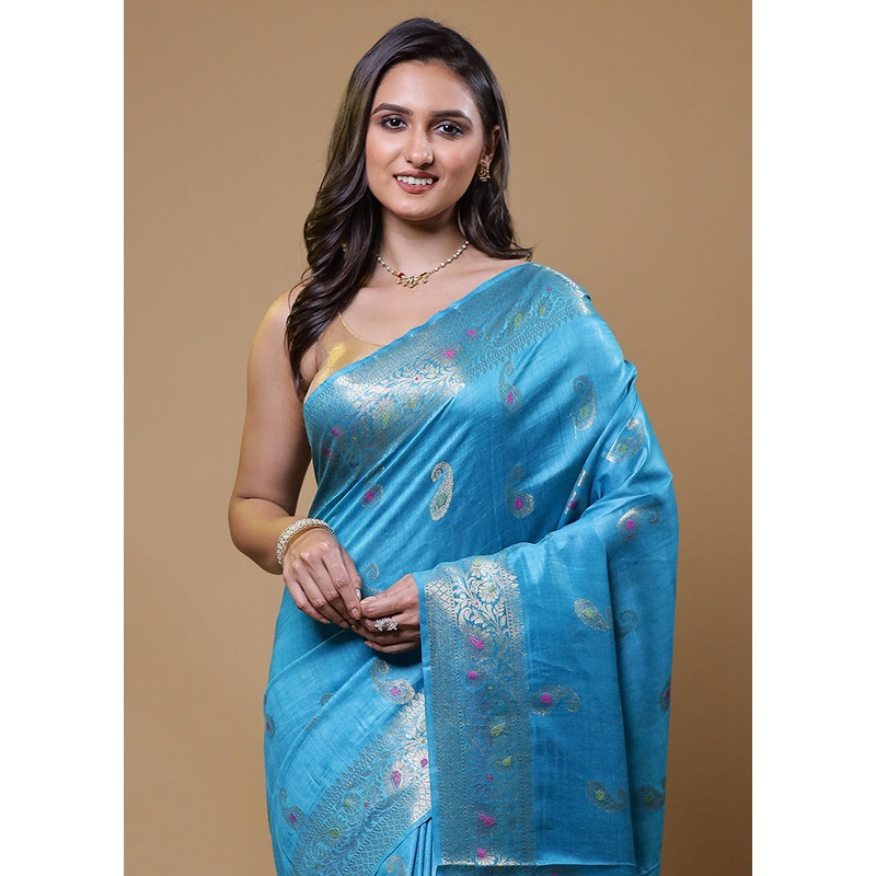 Blue Tussar Silk Saree With Blouse Piece - JD986611071