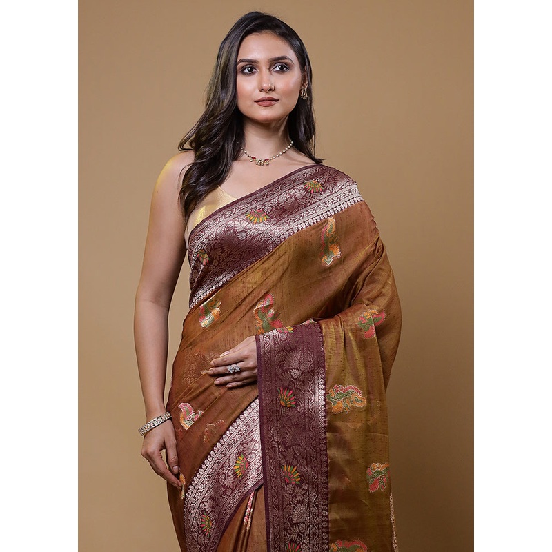 Brown Dupion Silk Saree With Blouse Piece - JD986611070