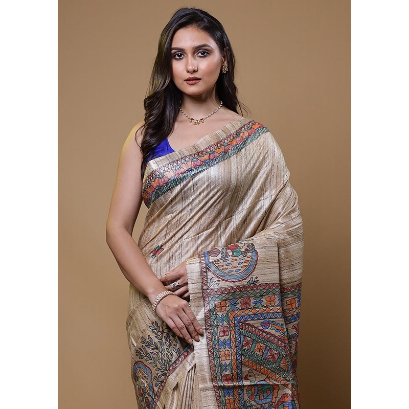 Cream Tussar Silk Saree With Blouse Piece - JD986611068