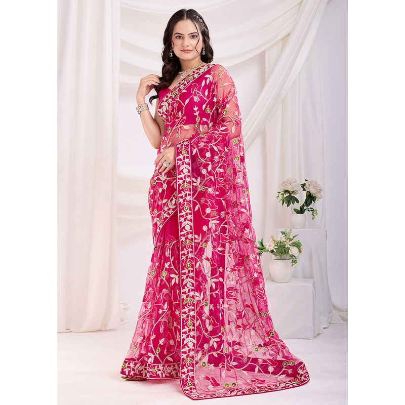 Dark Pink Net Saree With Blouse Piece - JD986610886