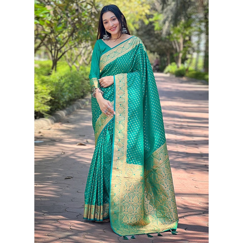 Green Banarasi Silk Saree With Blouse Piece - JD986611042