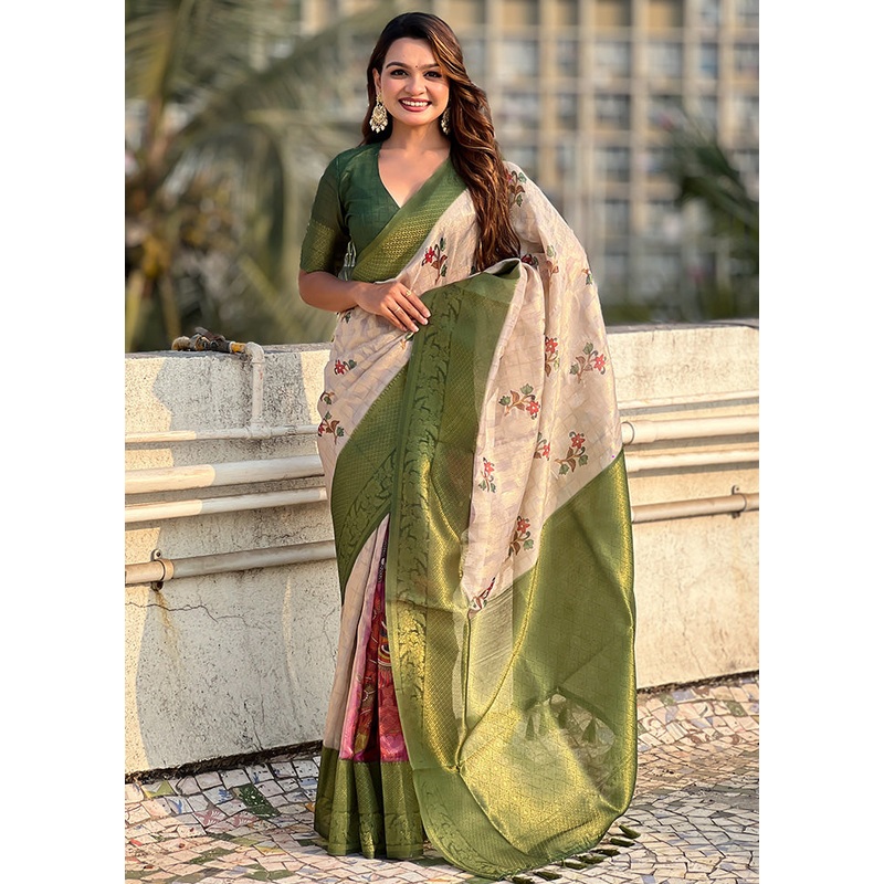 Green Cotton Saree With Blouse Piece - JD986610883