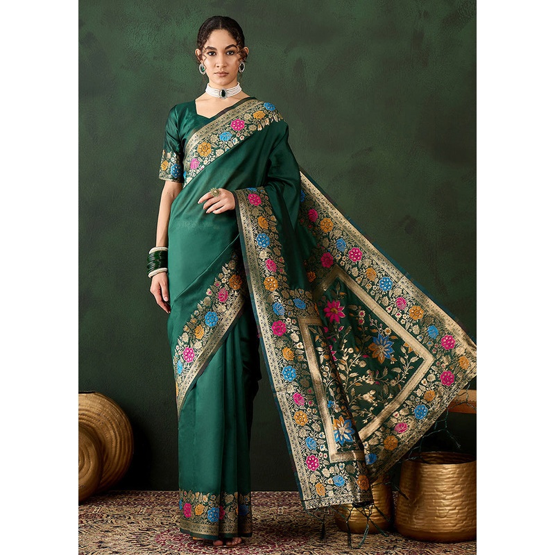 Green Dupion Silk Saree With Blouse Piece - JD986610969
