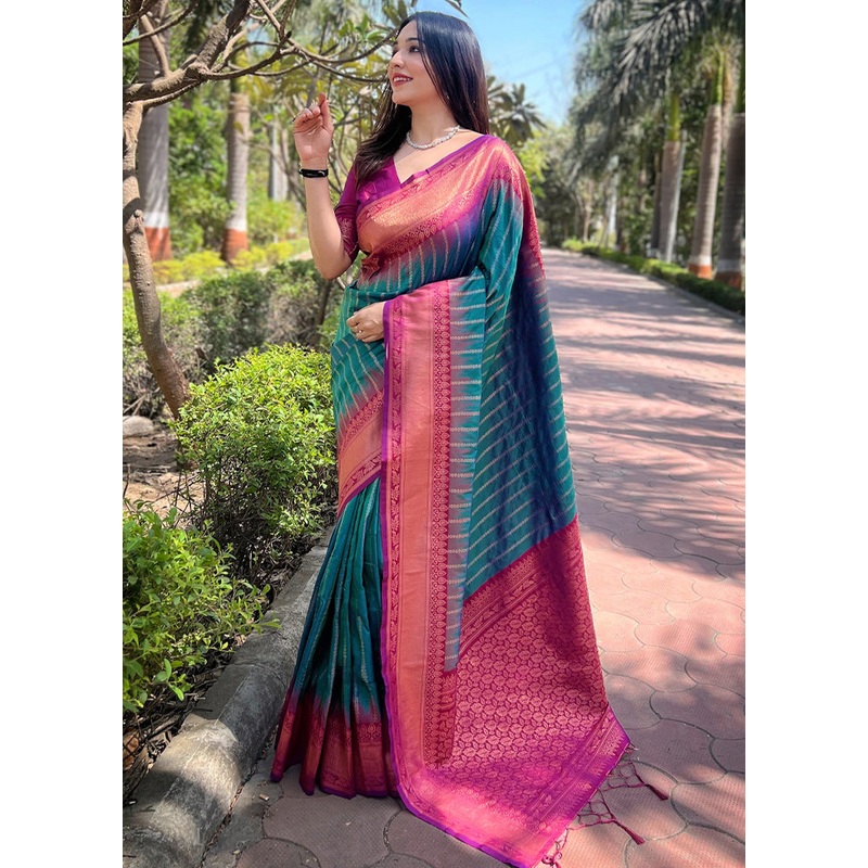 Green Dupion Silk Saree With Blouse Piece - JD986610971