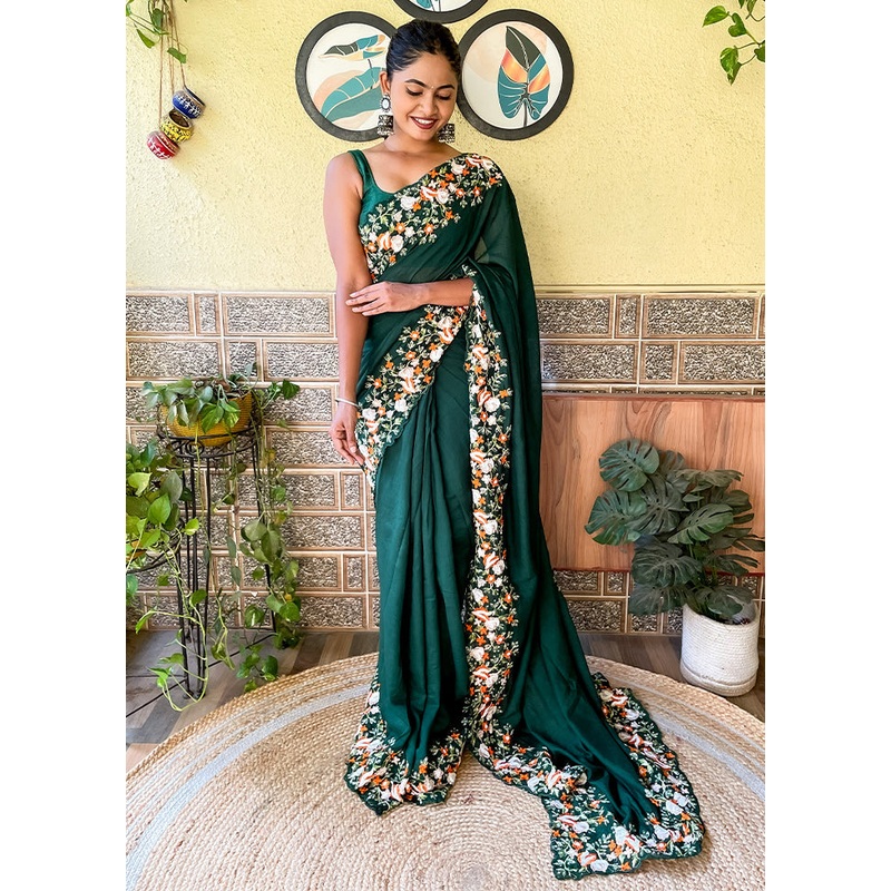 Green Dupion Silk Saree With Blouse Piece - JD986611041