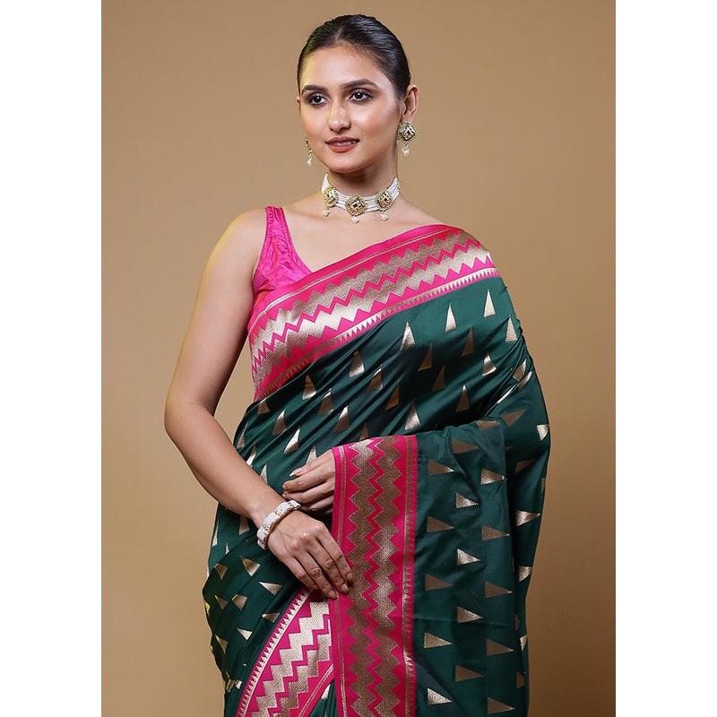 Green Dupion Silk Saree With Blouse Piece - JD986611063