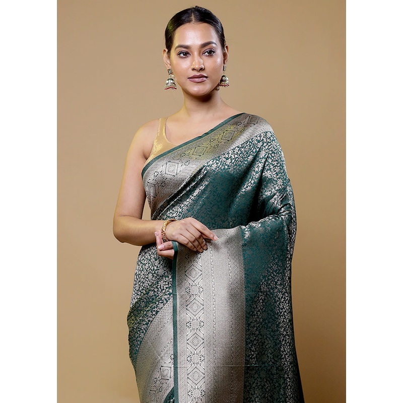 Green Dupion Silk Saree With Blouse Piece - JD986611064