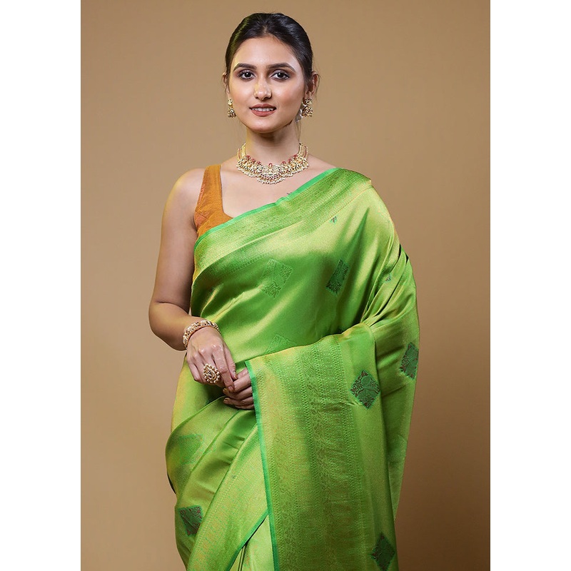 Green Dupion Silk Saree With Blouse Piece - JD986611066