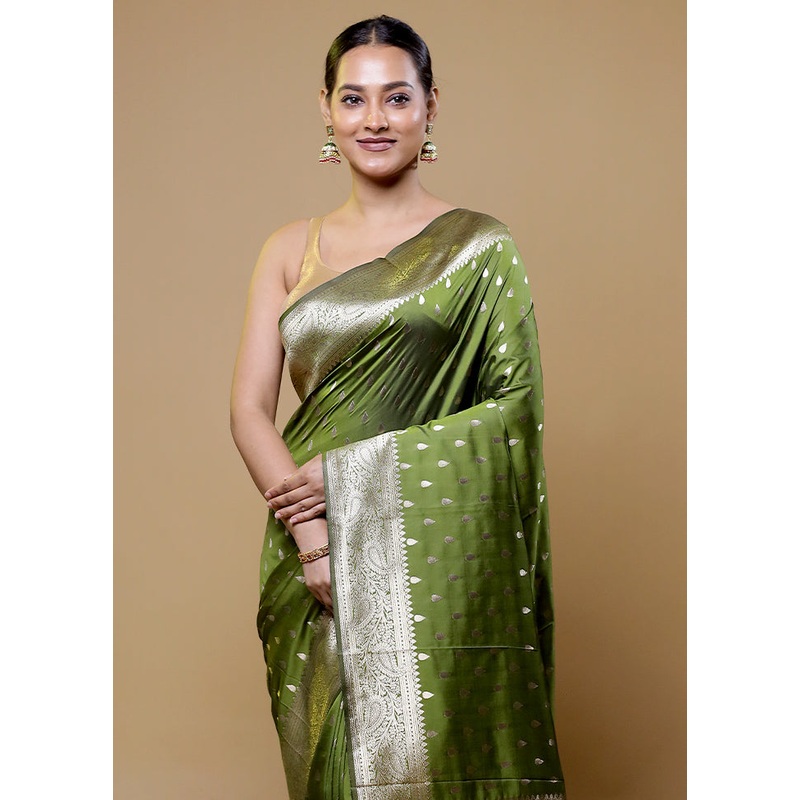 Green Dupion Silk Saree With Blouse Piece - JD986611067