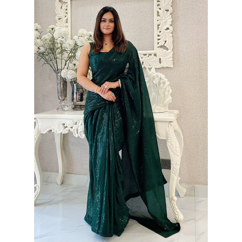 Green Georgette Saree With Blouse Piece - JD986610968