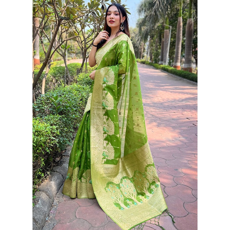 Green Organza Saree With Blouse Piece - JD986611037