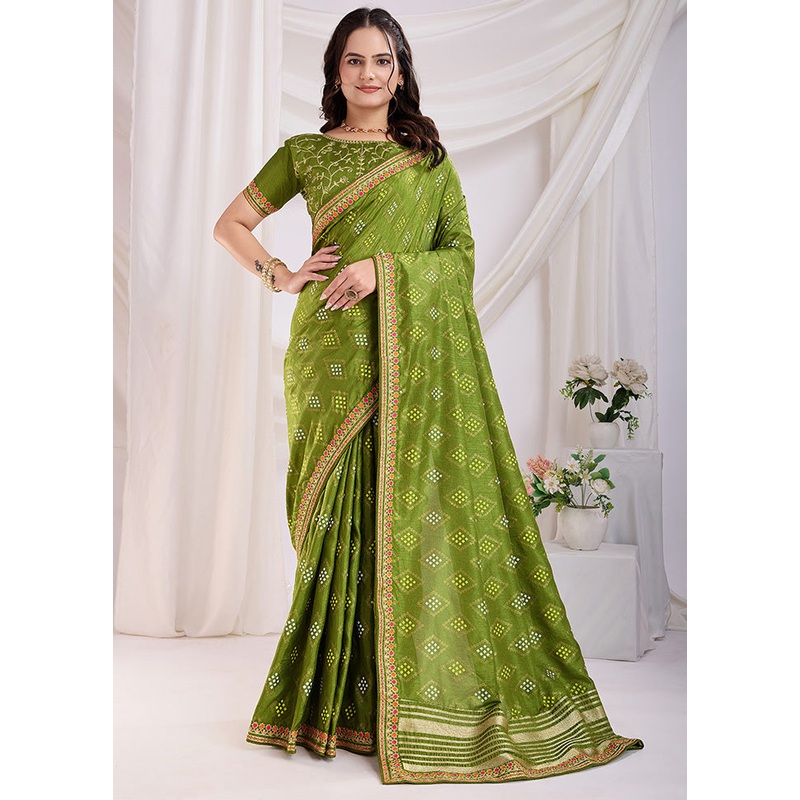 Green Spun Silk Saree With Blouse Piece - JD986610881