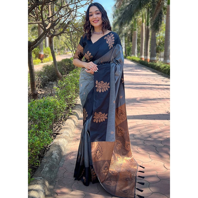 Grey Dupion Silk Saree With Blouse Piece - JD986610964