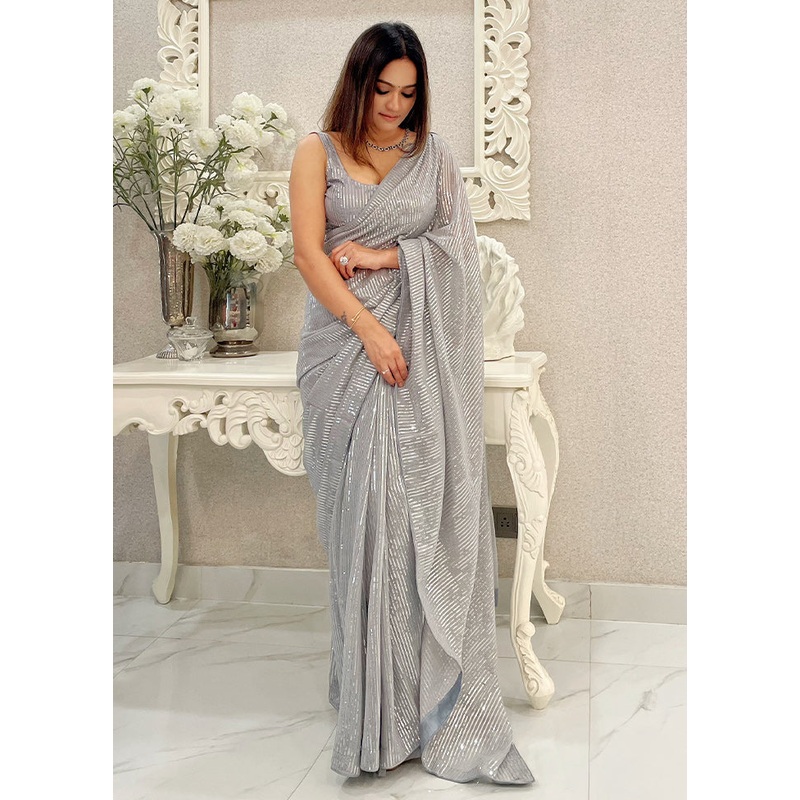 Grey Georgette Saree With Blouse Piece - JD986610963