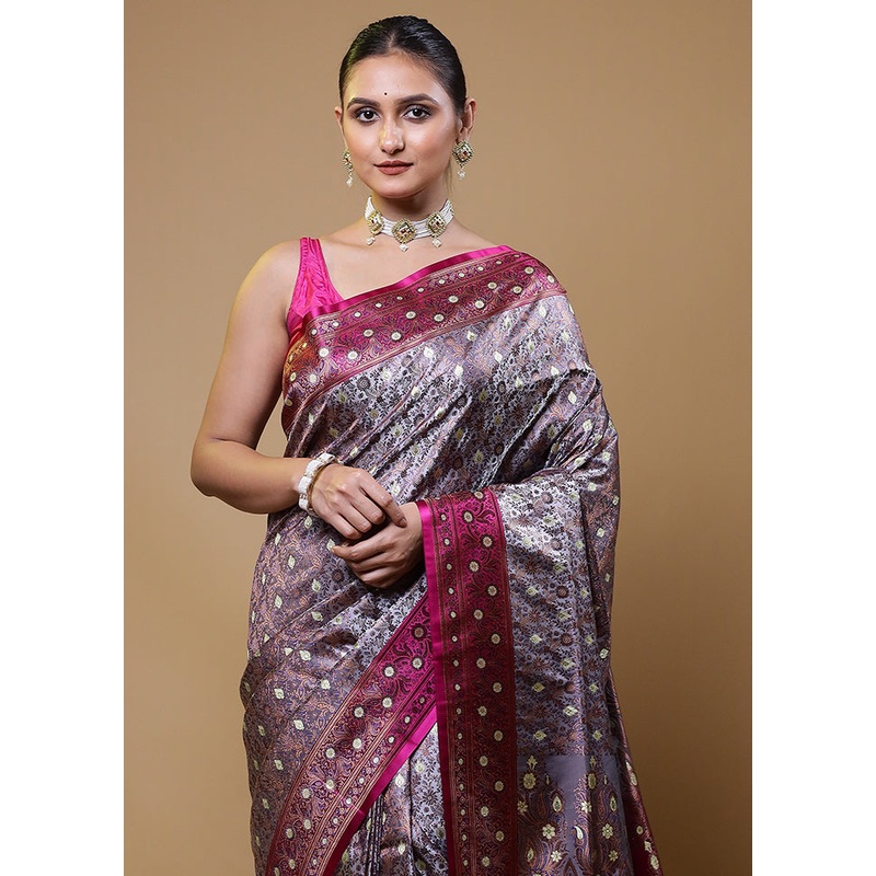 Grey Handloom Tanchoi Pure Silk Saree With Blouse Piece - JD986611060