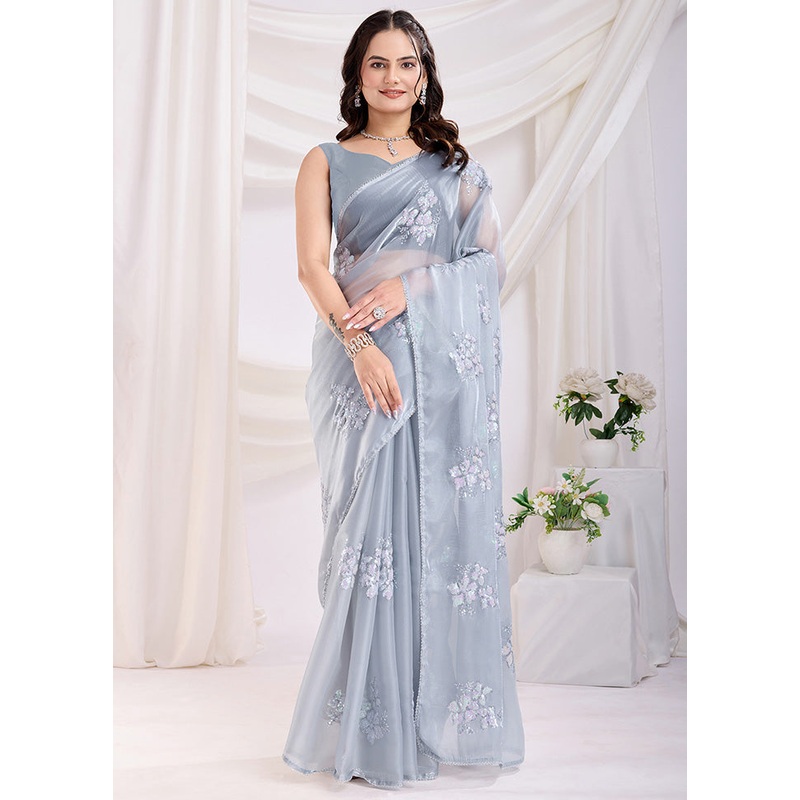 Grey Spun Silk Saree With Blouse Piece - JD986610880