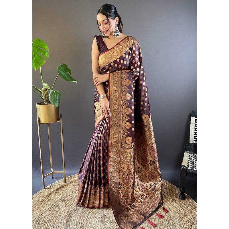 Maroon Banarasi Silk Saree With Blouse Piece - JD986610960