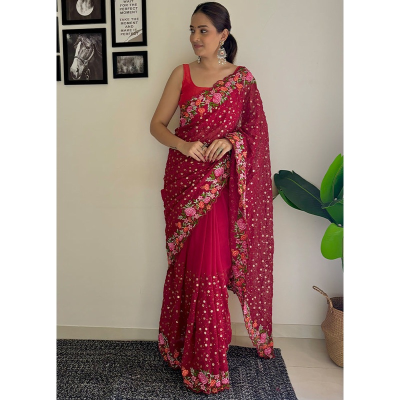 Maroon Georgette Saree With Blouse Piece - JD986611035