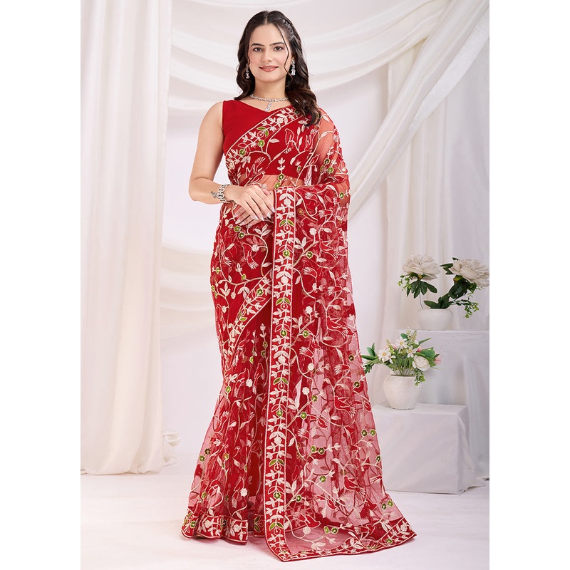 Maroon Net Saree With Blouse Piece - JD986610877