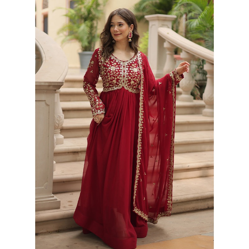Maroon Readymade Georgette Long Gown With Dupatta - JD986610993